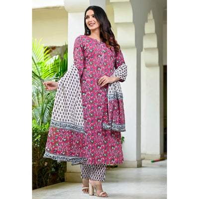 Magenta Purple Floral Printed Pure Cotton Salwar Suit