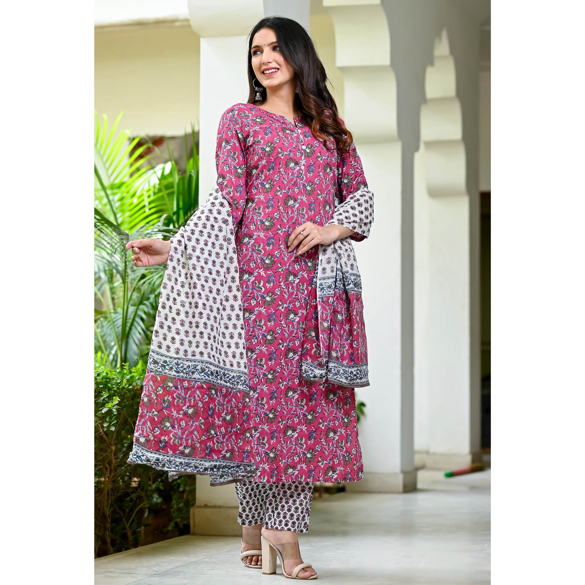 Magenta Purple Floral Printed Pure Cotton Salwar Suit