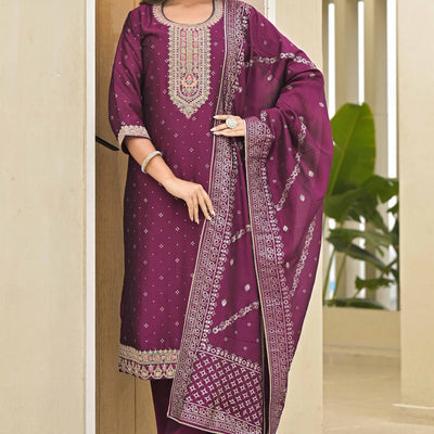 Dark Purple Golden Embroidered Vichitra Silk Salwar Suit