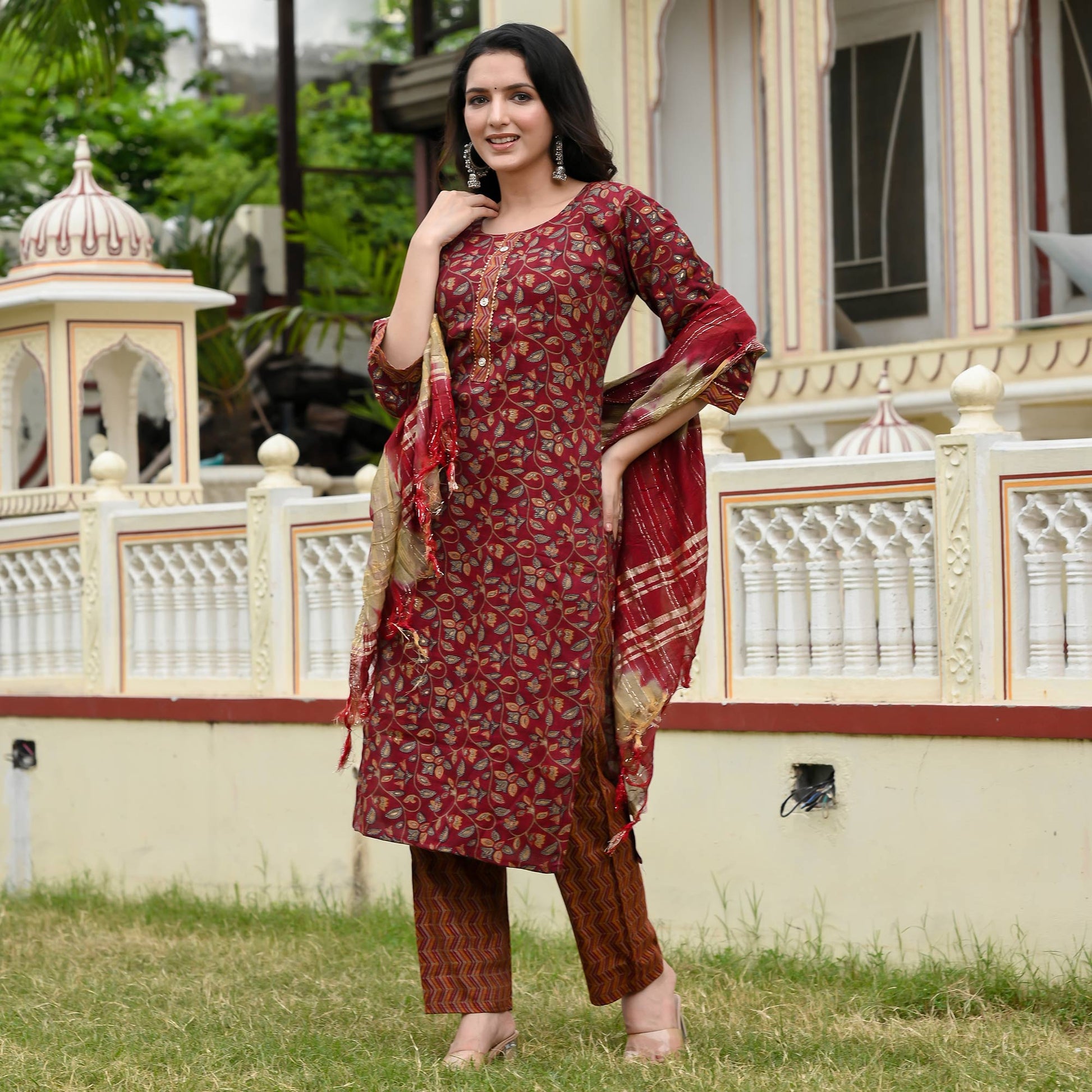 Maroon Floral Printed Rayon Suit