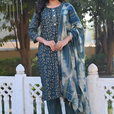 Morpich Blue Floral Foil Printed Rayon Salwar Suit