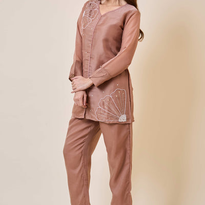 Brown Floral Embroidery Organza Co-Ord Set