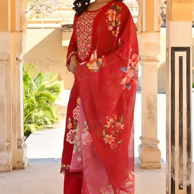Maroon Floral Embroidered Chanderi Silk Salwar Suit