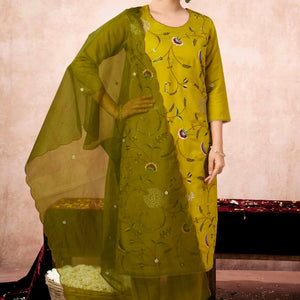 Lime Yellow Floral Embroidered Muslin Straight Salwar Suit
