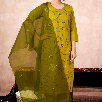 Lime Yellow Floral Embroidered Muslin Straight Salwar Suit