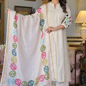 Cream Thread Embroidered Chanderi A-Line Salwar Suit