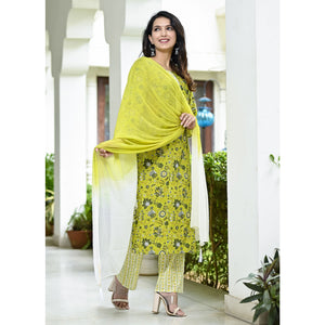 Lemon Green Floral Printed Pure Cotton Suit