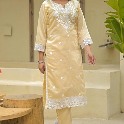 Chikoo Floral Embroidered Chanderi Kurti Pant Set