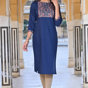 Blue Yoke Embroidered Rayon Slub Straight Kurti