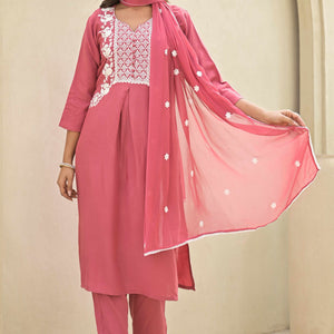 Gajri Pink Floral Embroidered Rayon Salwar Suit