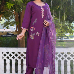Dark Purple Floral Hand Work Viscose Straight Salwar Suit