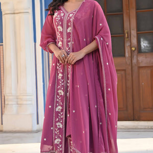 Mauve Floral Embroidered Georgette Front Slit Salwar Suit