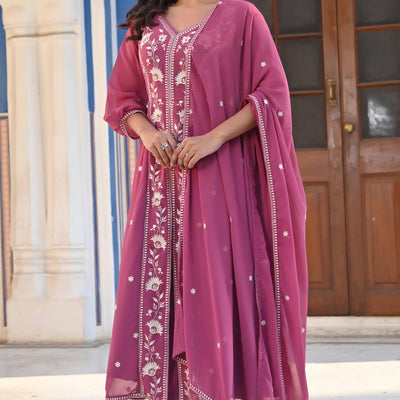 Mauve Floral Embroidered Georgette Front Slit Salwar Suit