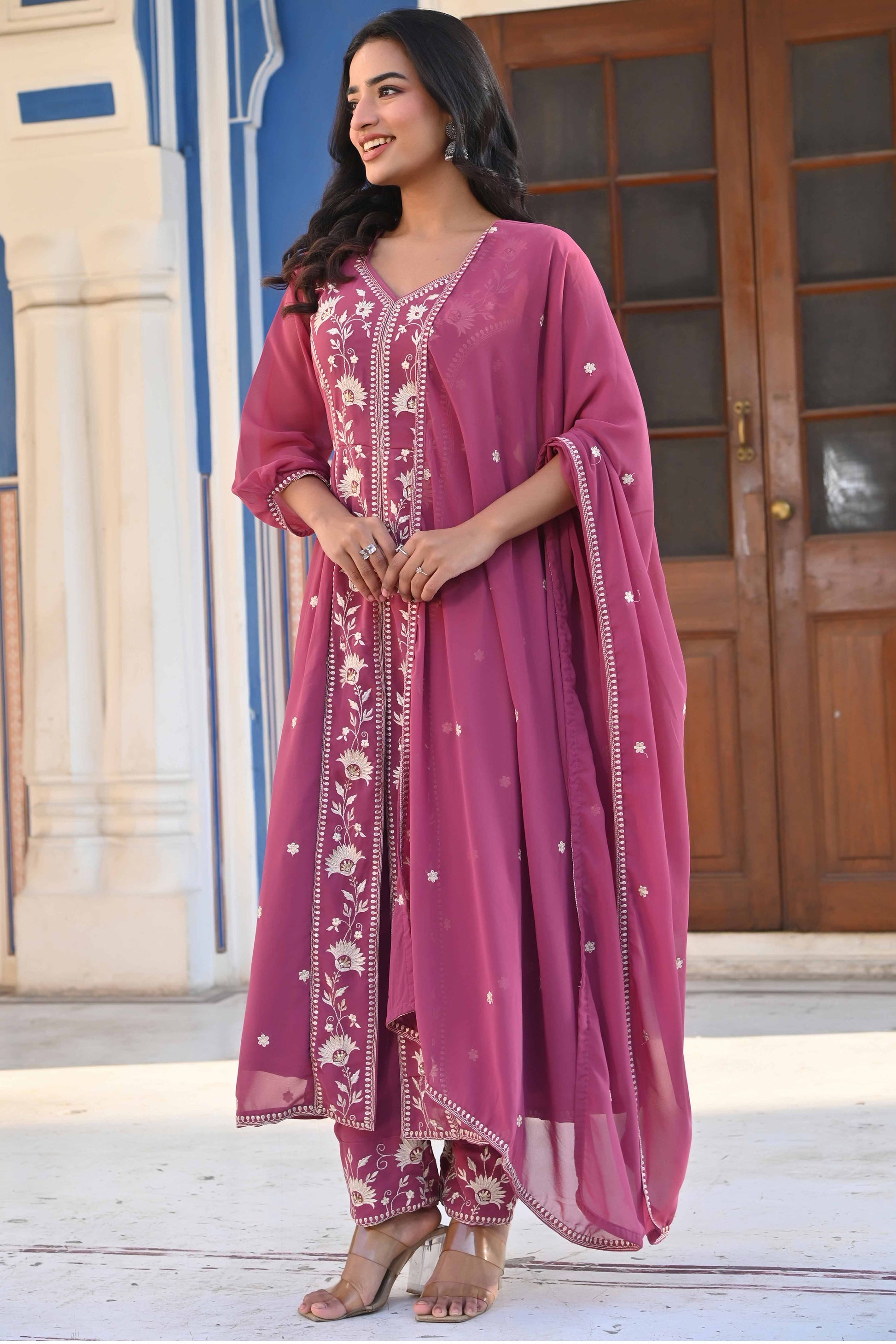 Mauve Floral Embroidered Georgette Front Slit Salwar Suit