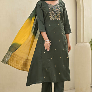 Mehandi Green Floral Embroidered Viscose A-Line Salwar Suit