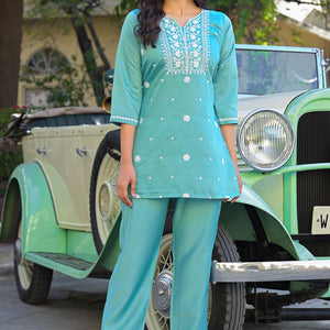 Mint Green Floral Embroidered Viscose Gadwal Silk Top Bottom Set