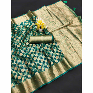 Dark Teal Stone Work Woven Organza Jacquard Saree