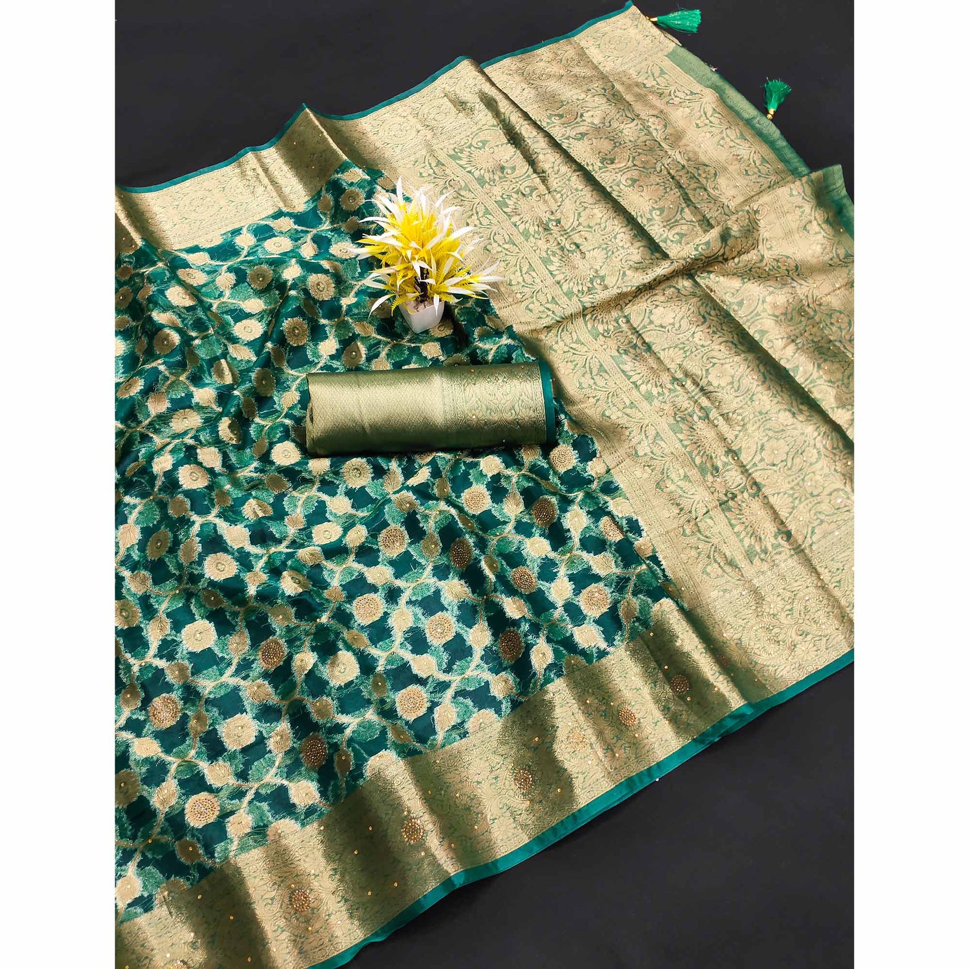Dark Teal Stone Work Woven Organza Jacquard Saree