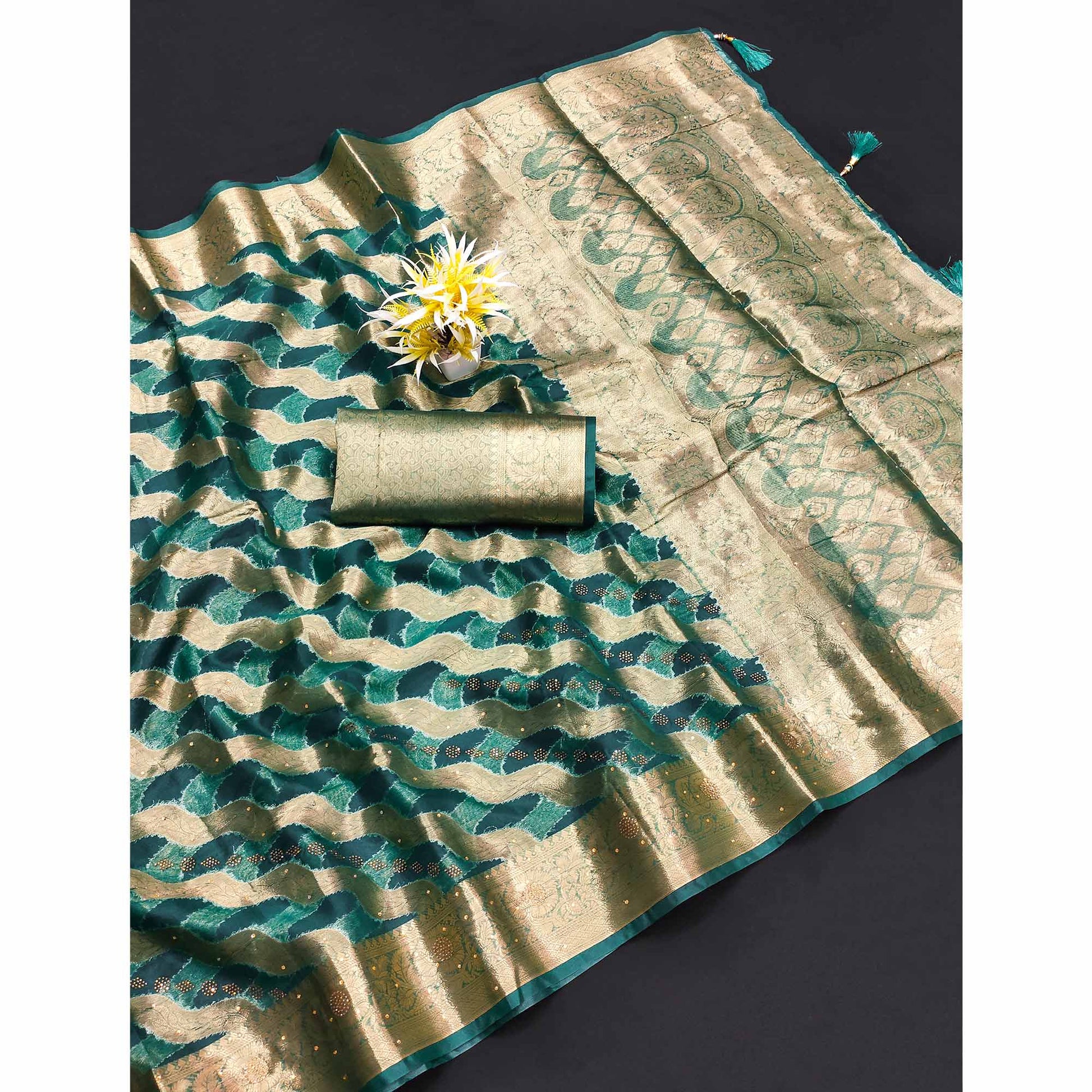 Dark Teal Stone Work Woven Organza Jacquard Saree