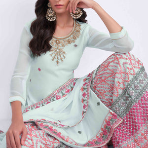 Light Blue Sequins Embroidered With Stonework Georgette Semi Stitched Suit