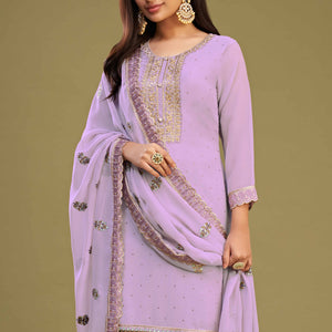Lavender Floral Embroidery With Swarovski Work Georgette Semi Stitched Suit