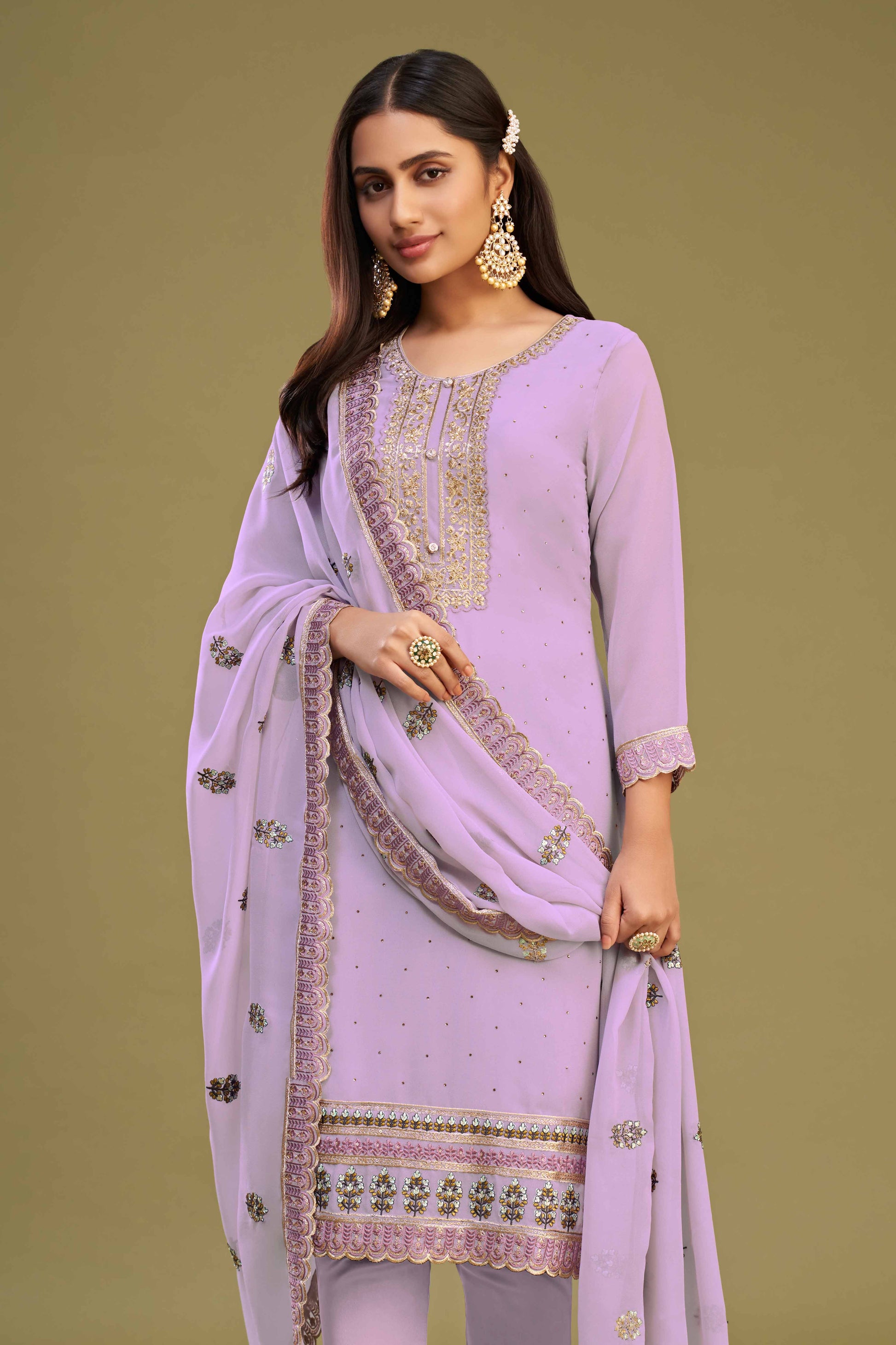 Lavender Floral Embroidery With Swarovski Work Georgette Semi Stitched Suit