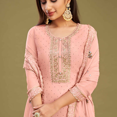 Gajari Pink Floral Embroidery With Swarovski Work Georgette Semi Stitched Suit