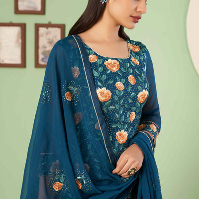 Morpich Blue Floral Sequins Embroidered Georgette Semi Stitched Suit