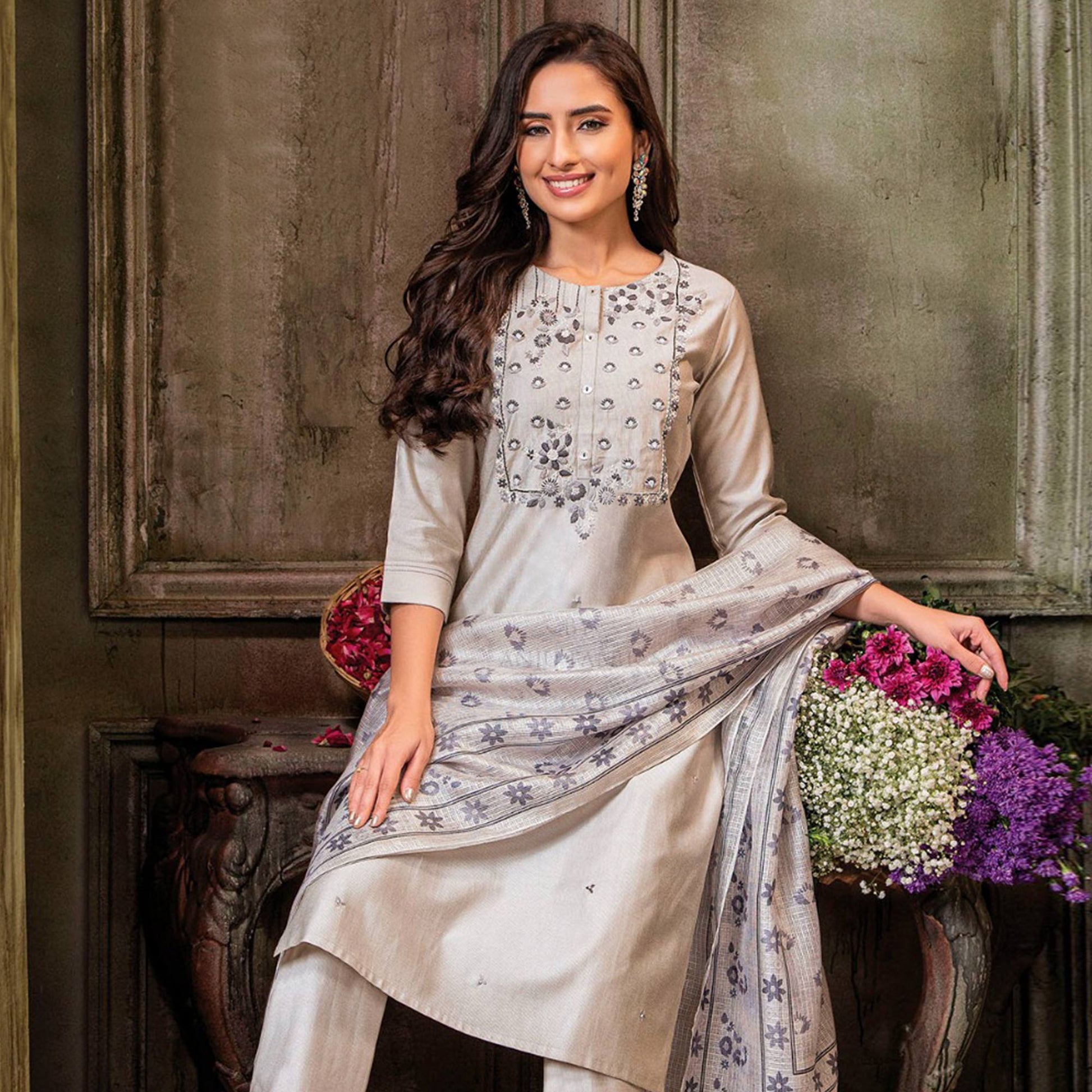 Cream Handwork Embroidered Viscose Salwar Suit