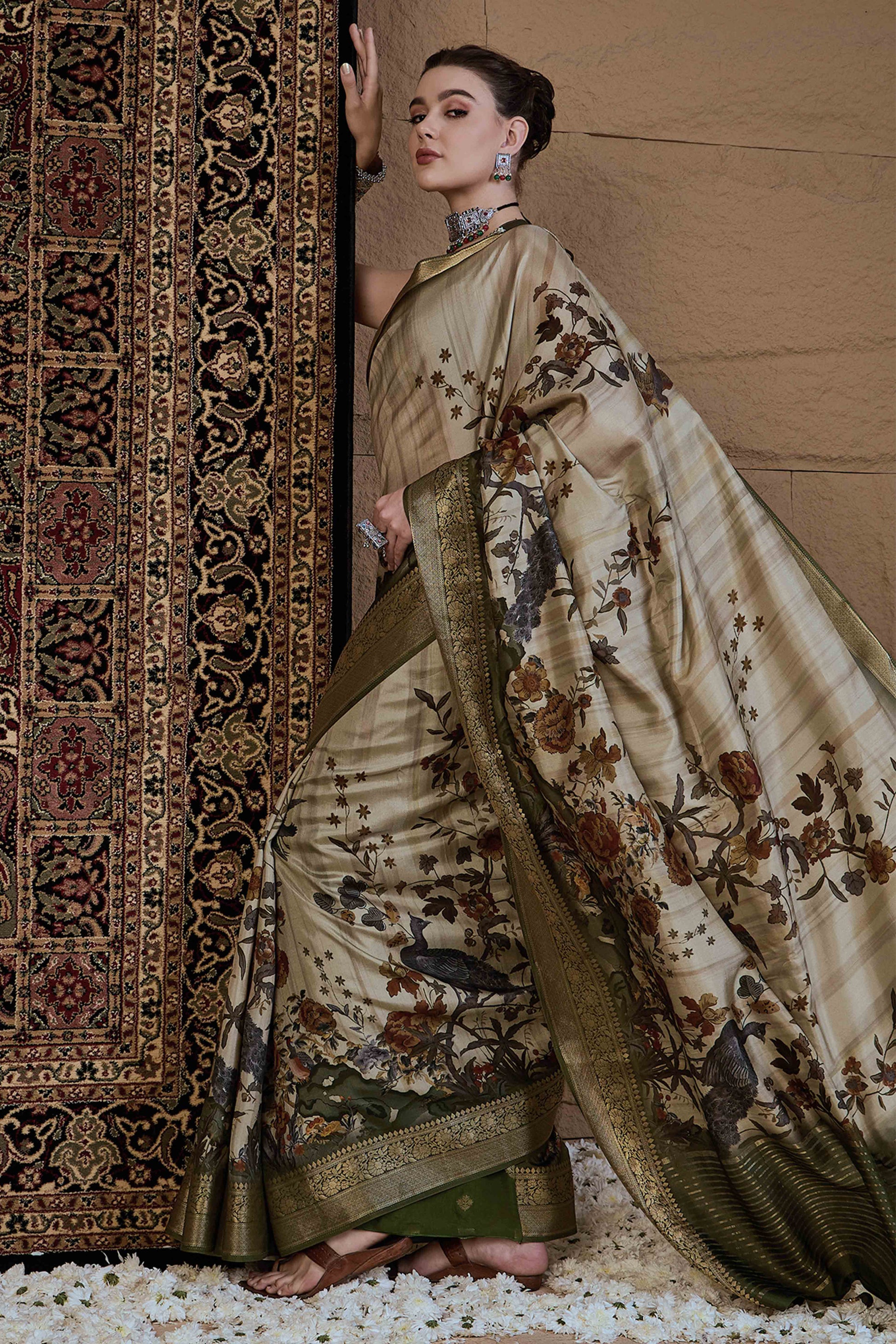 Light Green Floral Printed Viscose Saree