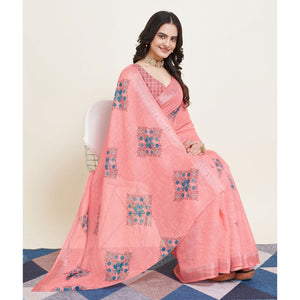 Peach Floral Printed Linen Saree