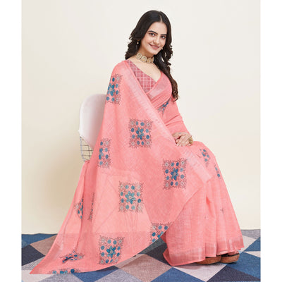 Peach Floral Printed Linen Saree