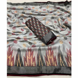 Grey Woven Art Silk Saree With Tassels