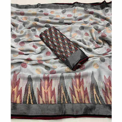 Grey Woven Art Silk Saree With Tassels