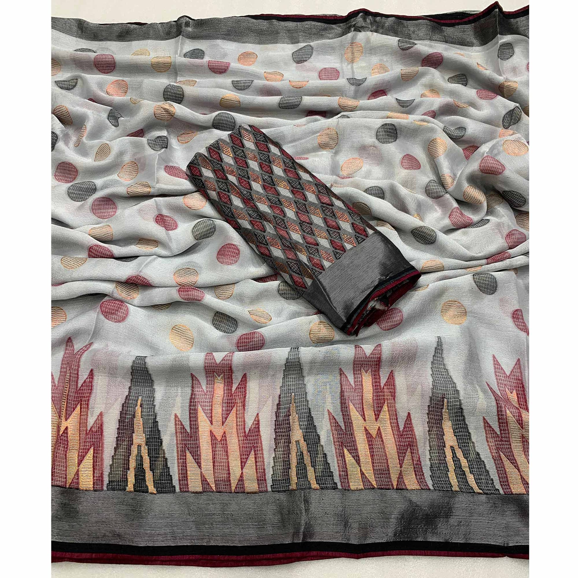 Grey Woven Art Silk Saree With Tassels