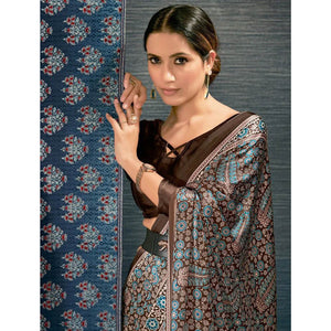 Brown & Blue Ajrakh Printed Satin Saree