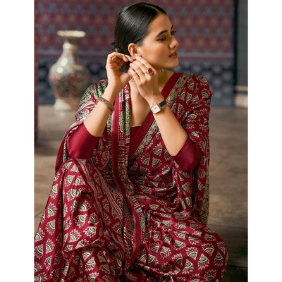 Dark Maroon Ajrakh Printed Satin Saree