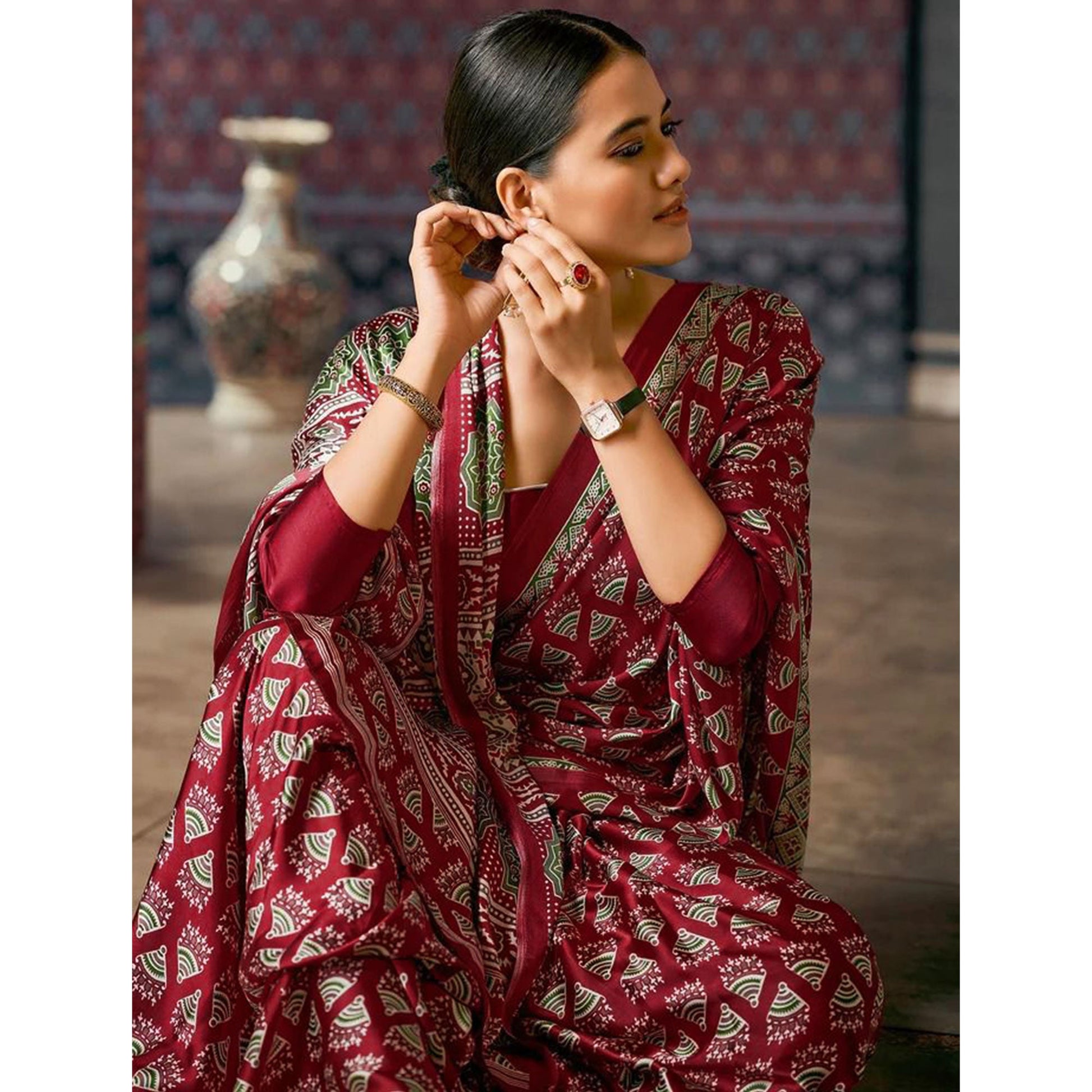 Dark Maroon Ajrakh Printed Satin Saree
