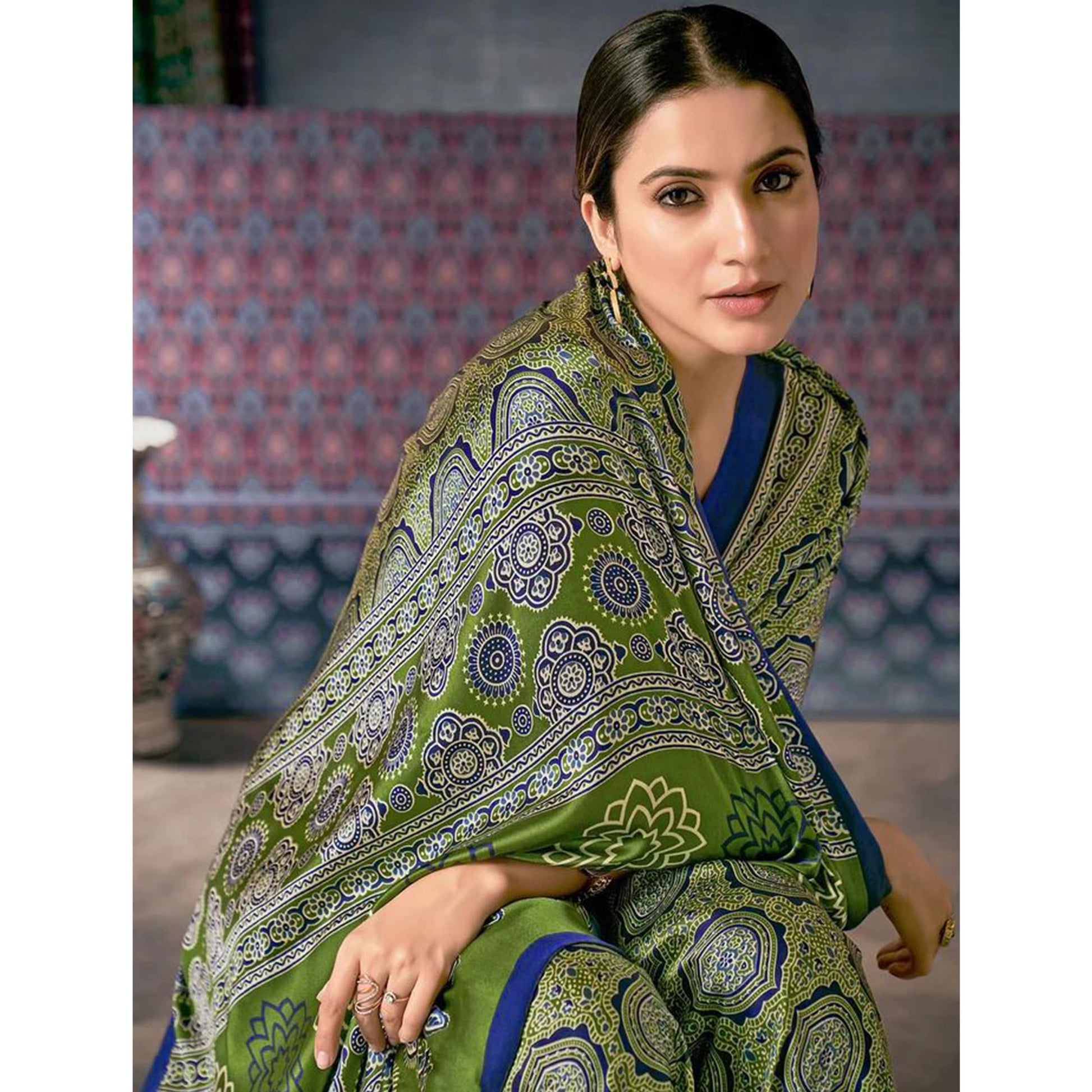 green-ajrakh-printed-satin-saree
