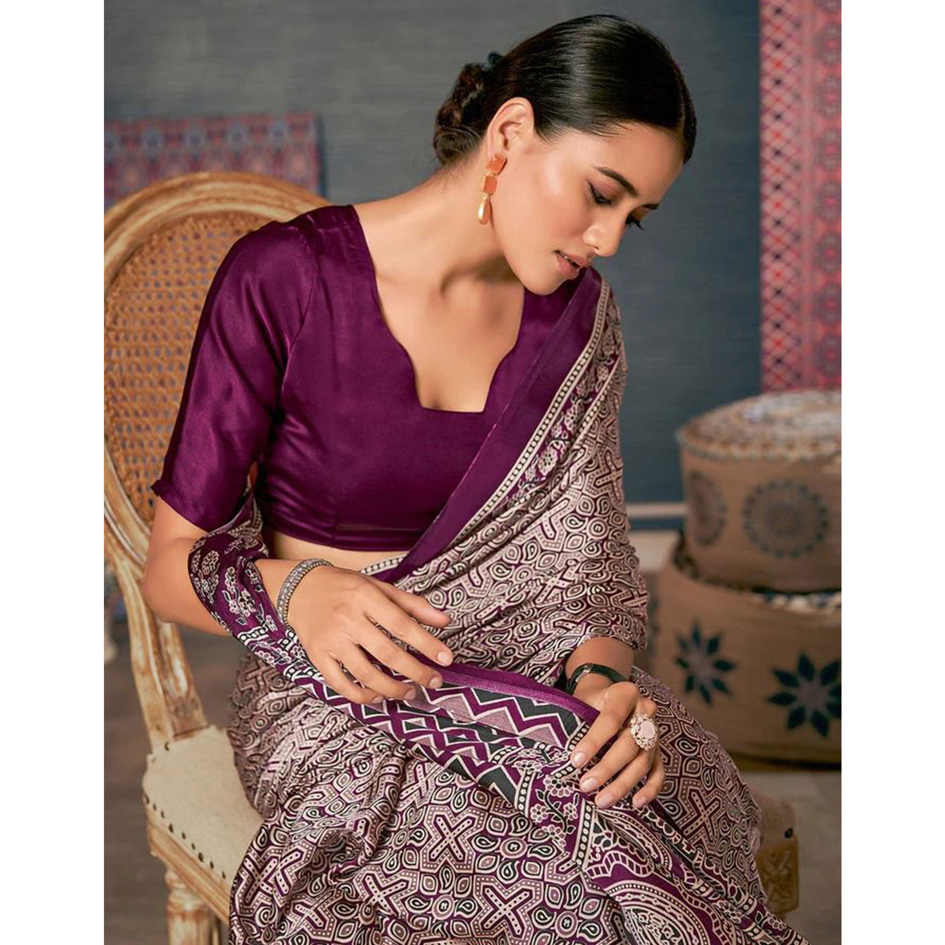 Magenta Ajrakh Printed Satin Saree