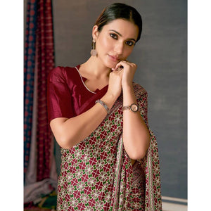 Maroon Ajrakh Printed Satin Saree