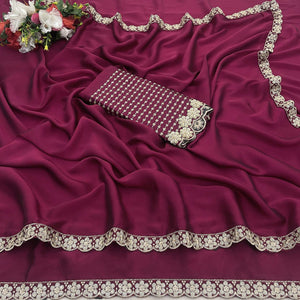 Dark Magenta Solid Rangoli Art Silk Saree With Sequins Embroidered Border