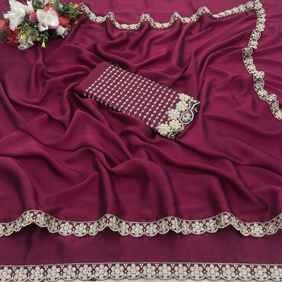 Dark Magenta Solid Rangoli Art Silk Saree With Sequins Embroidered Border