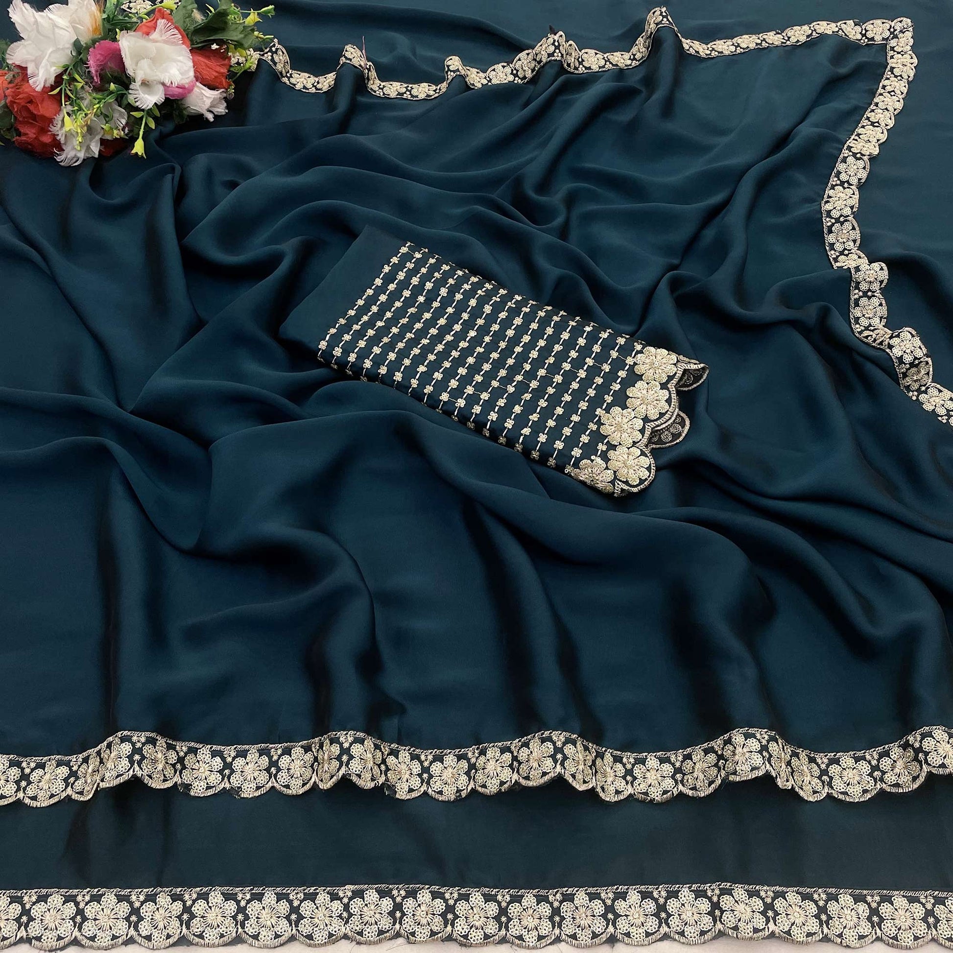 Dark Teal Blue Solid Rangoli Art Silk Saree With Sequins Embroidered Border