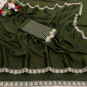 Mehendi Green Solid Rangoli Art Silk Saree With Sequins Embroidered Border