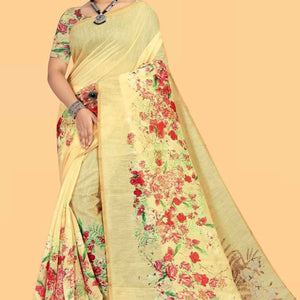 Light Yellow Floral Digital Printed Linen Saree