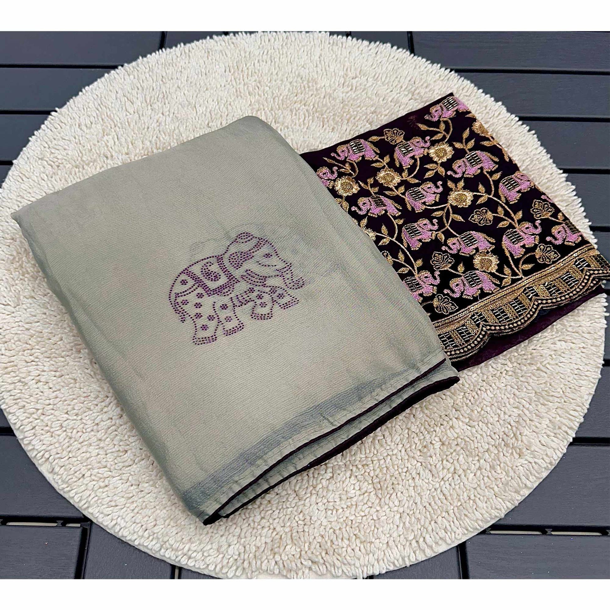 Grey Swarovski Embroidered Art Silk Saree