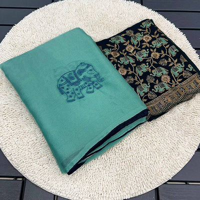 Turquoise Swarovski Embroidered Art Silk Saree
