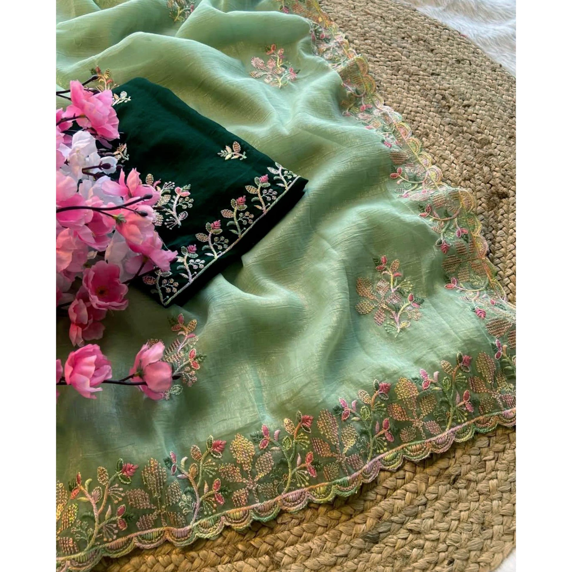 green-floral-embroidered-crunchy-chiffon-saree