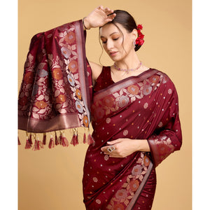 Maroon Floral Woven Banarasi Silk Saree